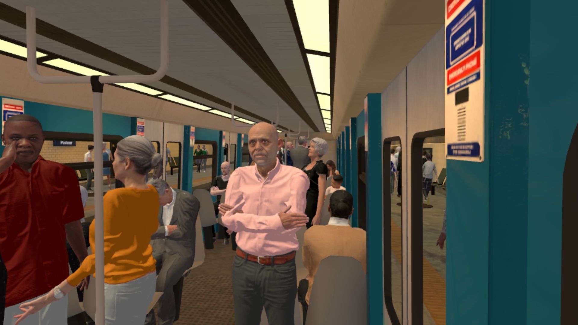 Voyageurs sur un quai de métro dans une simulation virtuelle