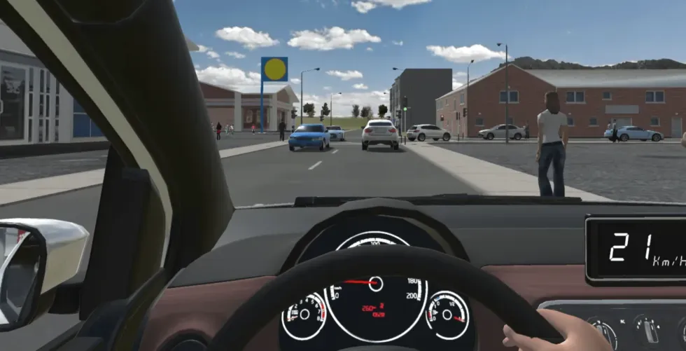 Driver’s view on a street with unpredictable pedestrians