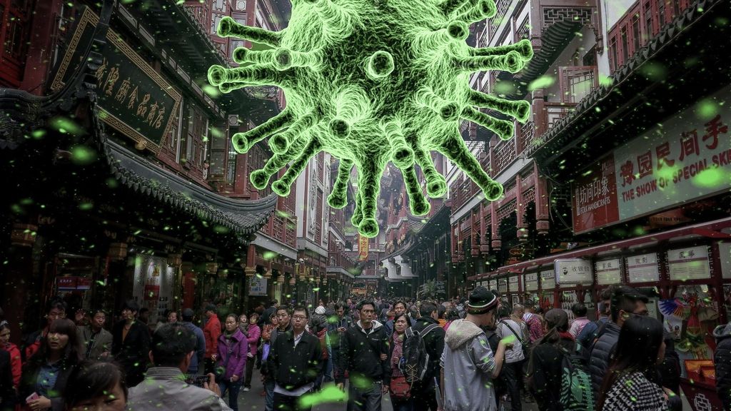 人通りの多い通りの上に拡大表示された微生物