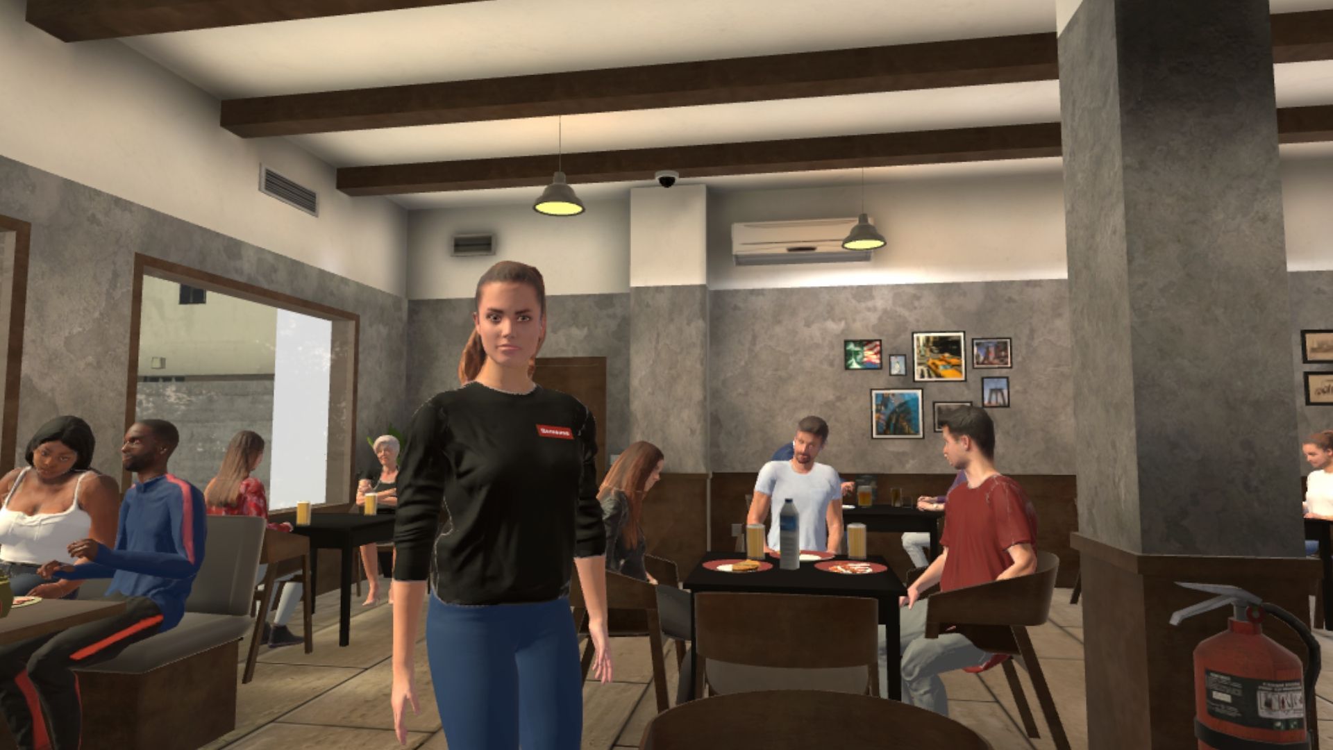 バーチャルリアリティ（VR）でにぎやかなカフェに入る人