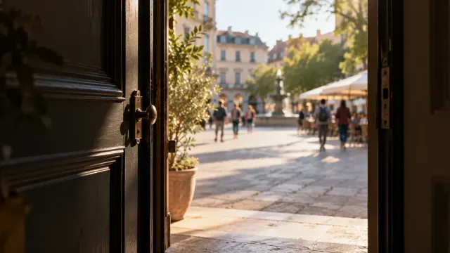 Place publique animée vue depuis une porte entrouverte, évoquant la peur des lieux publics