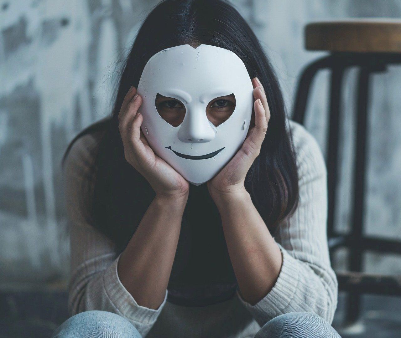顔の前に白い仮面を持つ若い女性