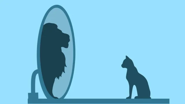 鏡に映る自分をライオンとして見る猫のシルエット