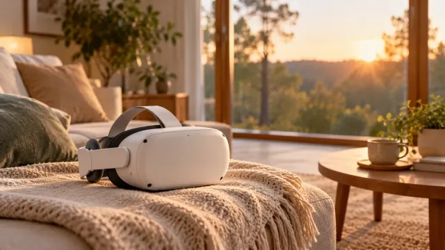 Casque de réalité virtuelle posé sur un plaid dans un salon calme, face à une forêt au coucher du soleil