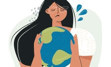 Illustration d’une femme anxieuse serrant la planète contre elle