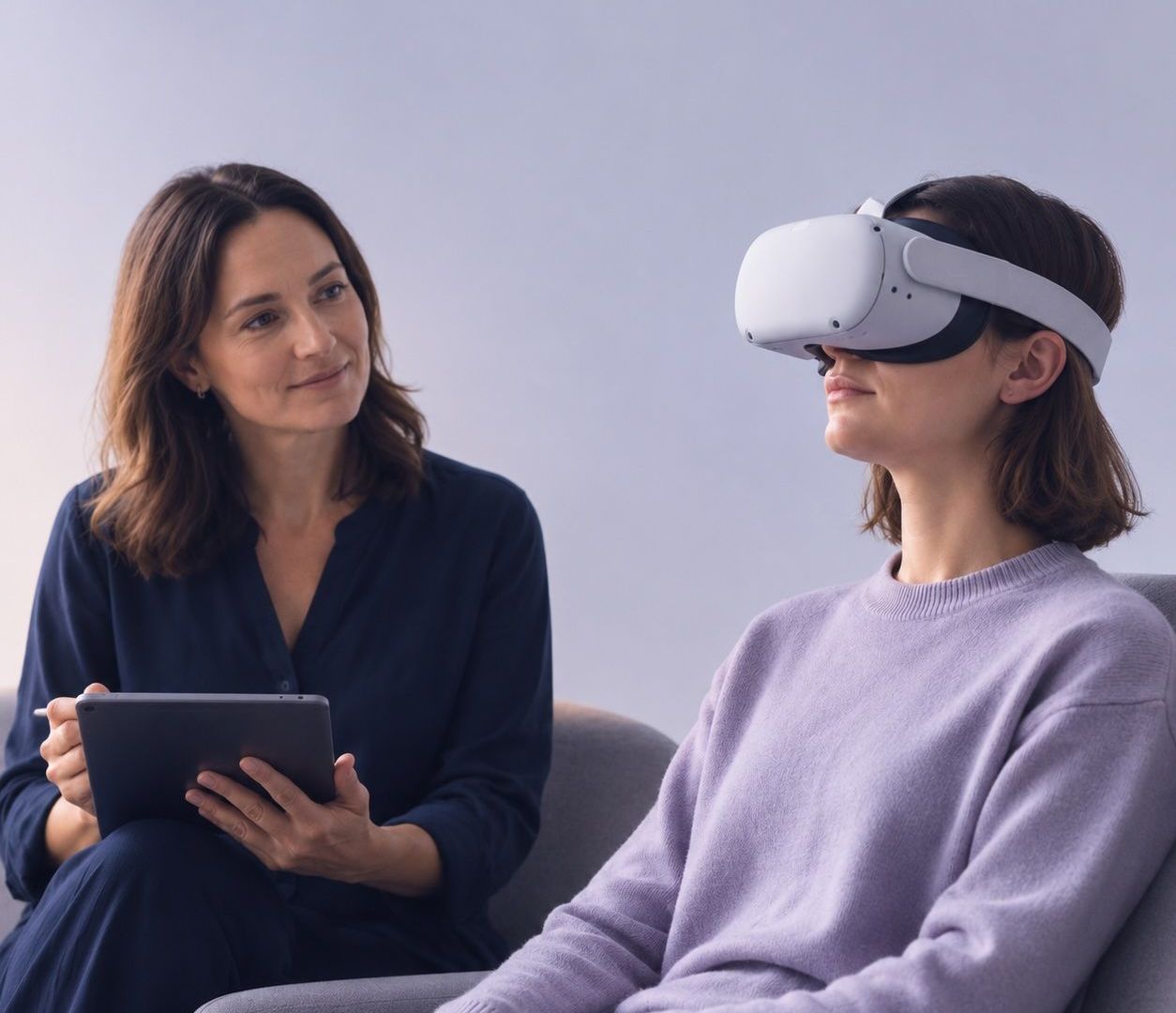 Thérapeute accompagnant une patiente équipée d’un casque de réalité virtuelle
