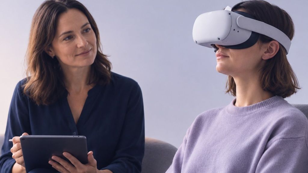 VRヘッドセットを装着した患者に付き添うセラピスト