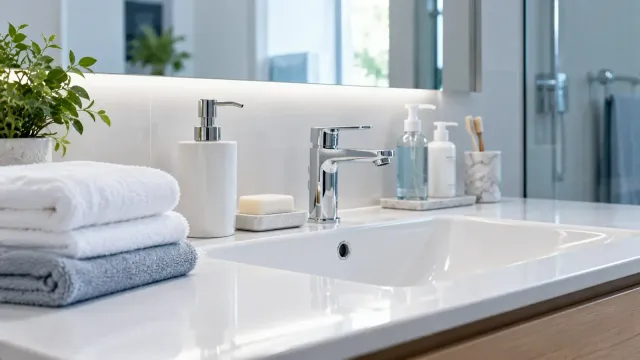 Lavabo impeccable avec savon, distributeur et serviettes pliées, évoquant la peur de la saleté