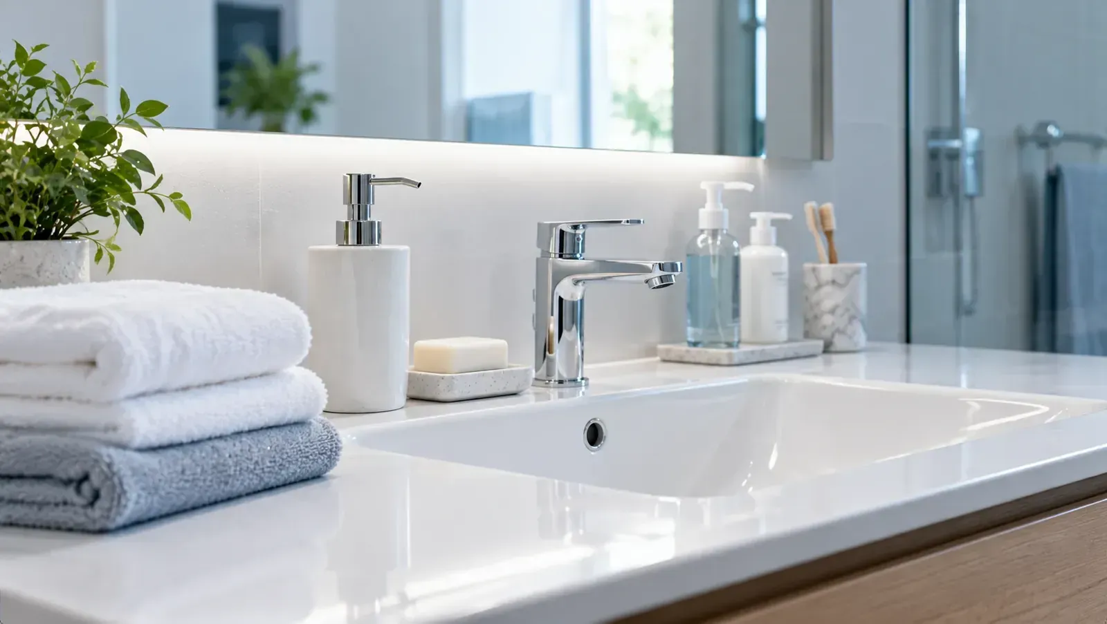Lavabo impeccable avec savon, distributeur et serviettes pliées, évoquant la peur de la saleté