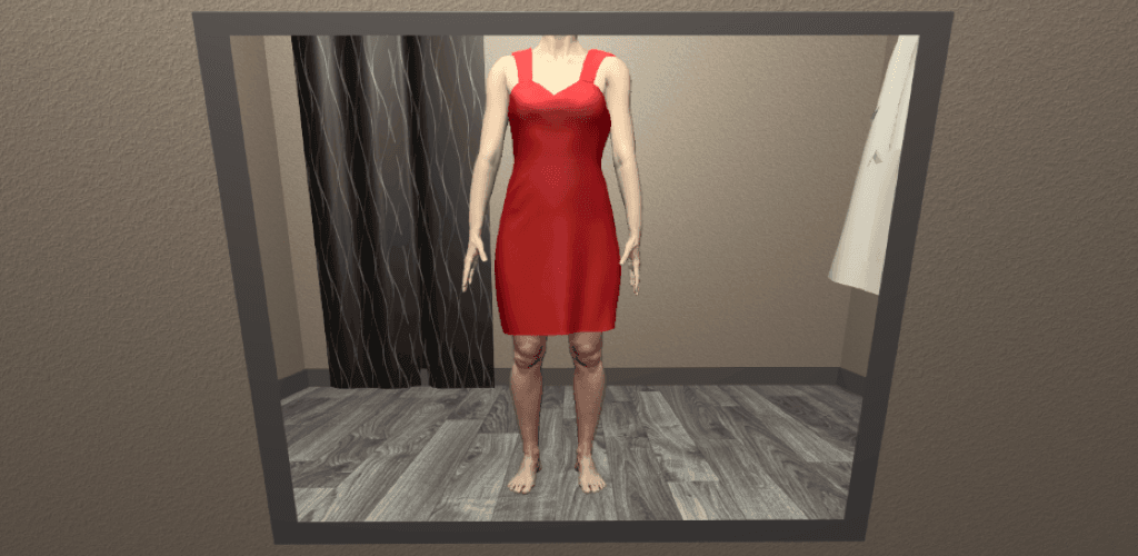 鏡に映る赤いドレス姿の女性のシルエット