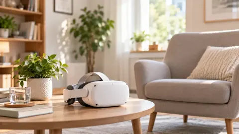 Casque de réalité virtuelle posé sur une table basse dans un cabinet de psychologue lumineux, à côté d'un fauteuil