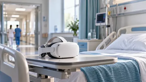 Casque de réalité virtuelle posé sur la tablette d'un lit dans une chambre d'hôpital moderne