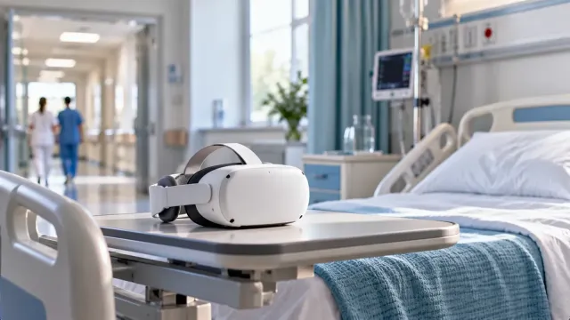 Casque de réalité virtuelle posé sur la tablette d'un lit dans une chambre d'hôpital moderne