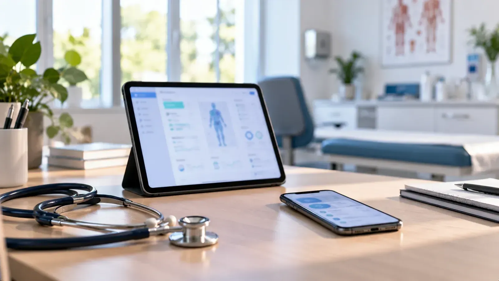 Tablette, smartphone et stéthoscope sur le bureau d'un cabinet médical, illustrant les thérapies numériques