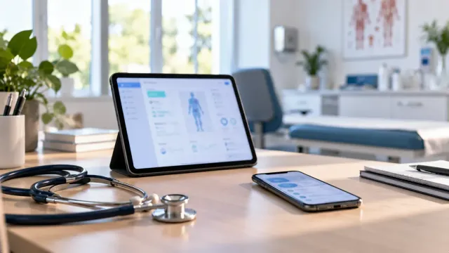 Tablette, smartphone et stéthoscope sur le bureau d'un cabinet médical, illustrant les thérapies numériques