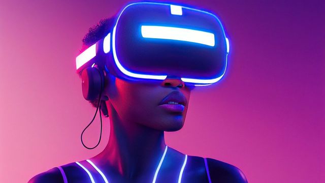 光るVRヘッドセットを装着した女性の未来的なポートレート