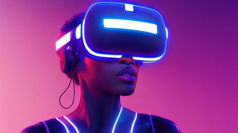 Portrait futuriste d’une femme portant un casque de réalité virtuelle lumineux
