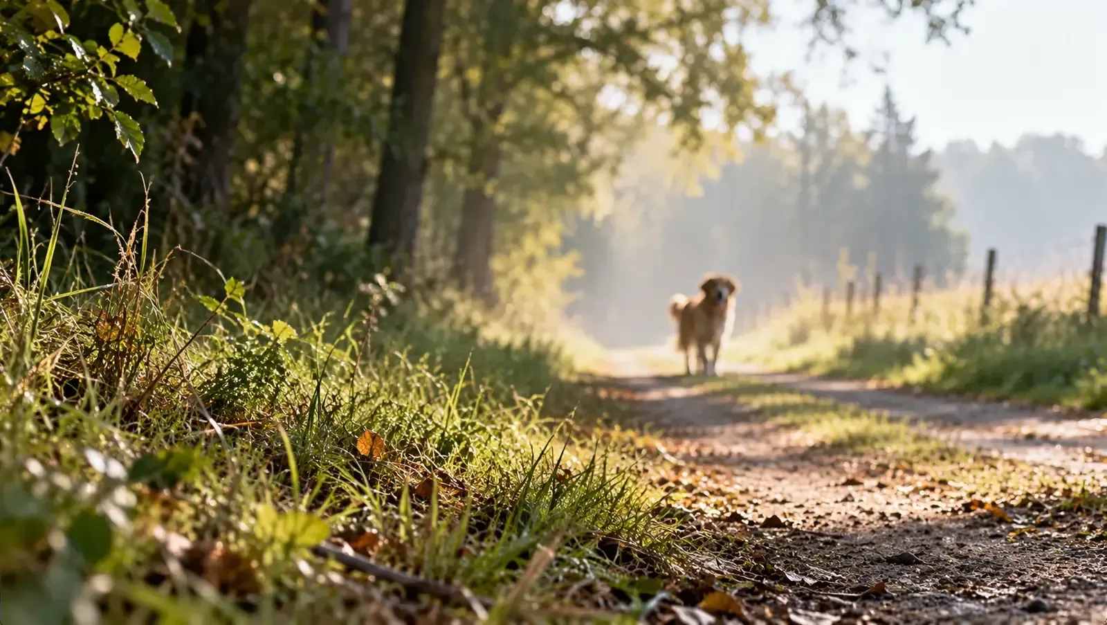 Chien au loin sur un chemin de campagne en lisière de forêt, illustrant la peur des animaux