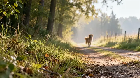 Chien au loin sur un chemin de campagne en lisière de forêt, illustrant la peur des animaux