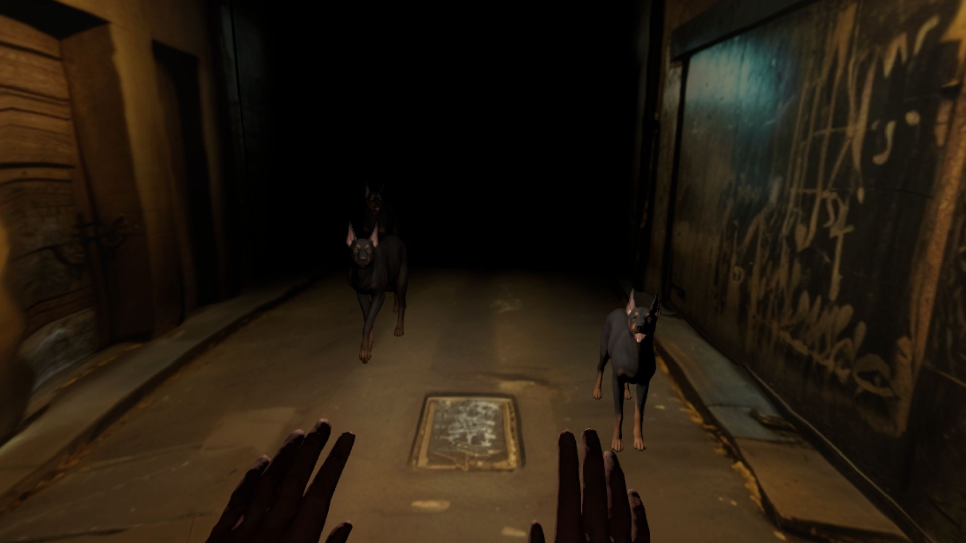 Trois chiens dans une ruelle sombre en réalité virtuelle