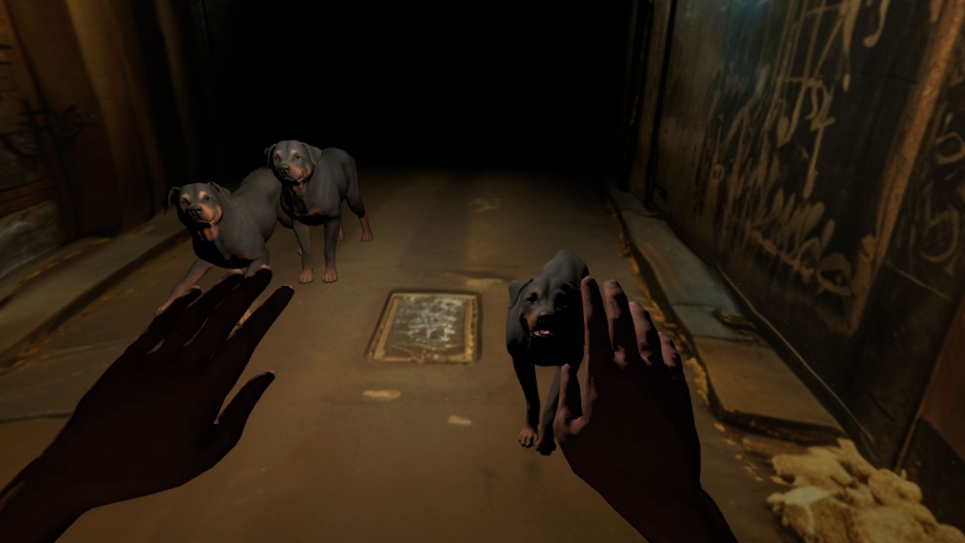 Chiens menaçants dans une ruelle sombre en réalité virtuelle