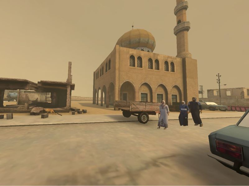 Urban scene outside a mosque in a virtual simulation