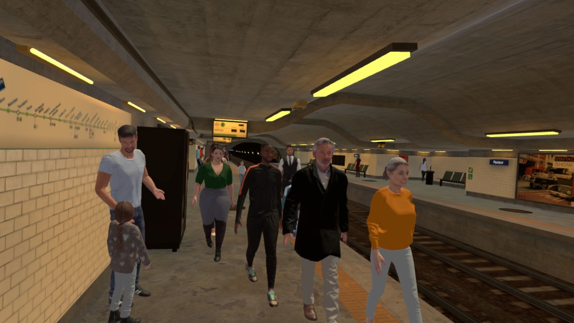 Numerosos pasajeros en un andén de metro de realidad virtual