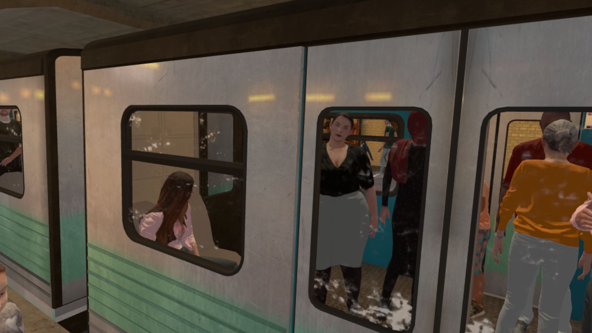 Numerosos pasajeros en un andén de metro de realidad virtual