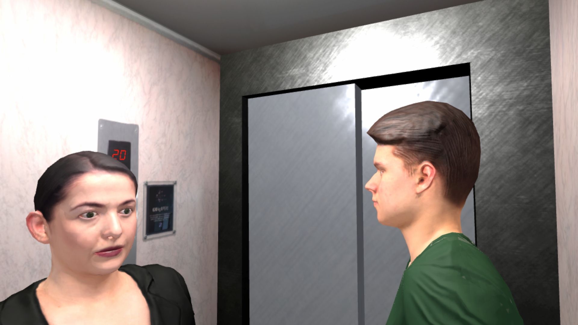 Dos personas en un ascensor estrecho de realidad virtual