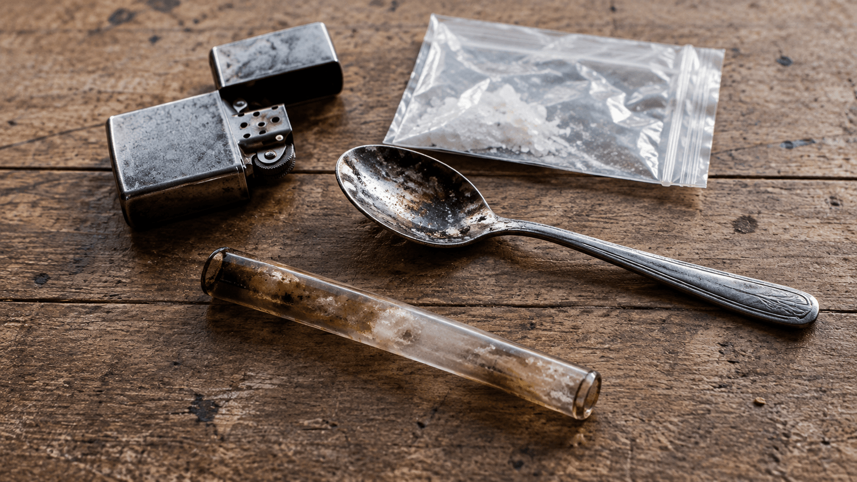 Tube en verre, cuillère, briquet et sachet de cristaux blancs sur une table en bois