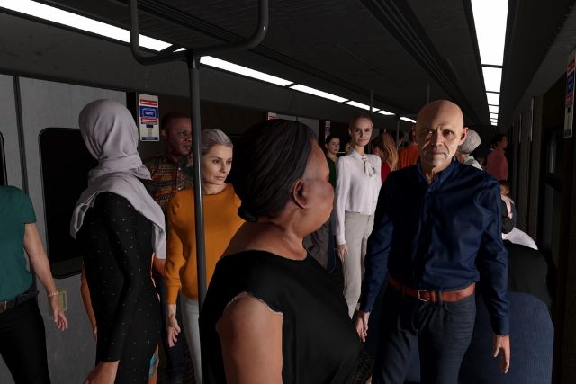 Voyageurs debout dans une rame de métro immobilisée