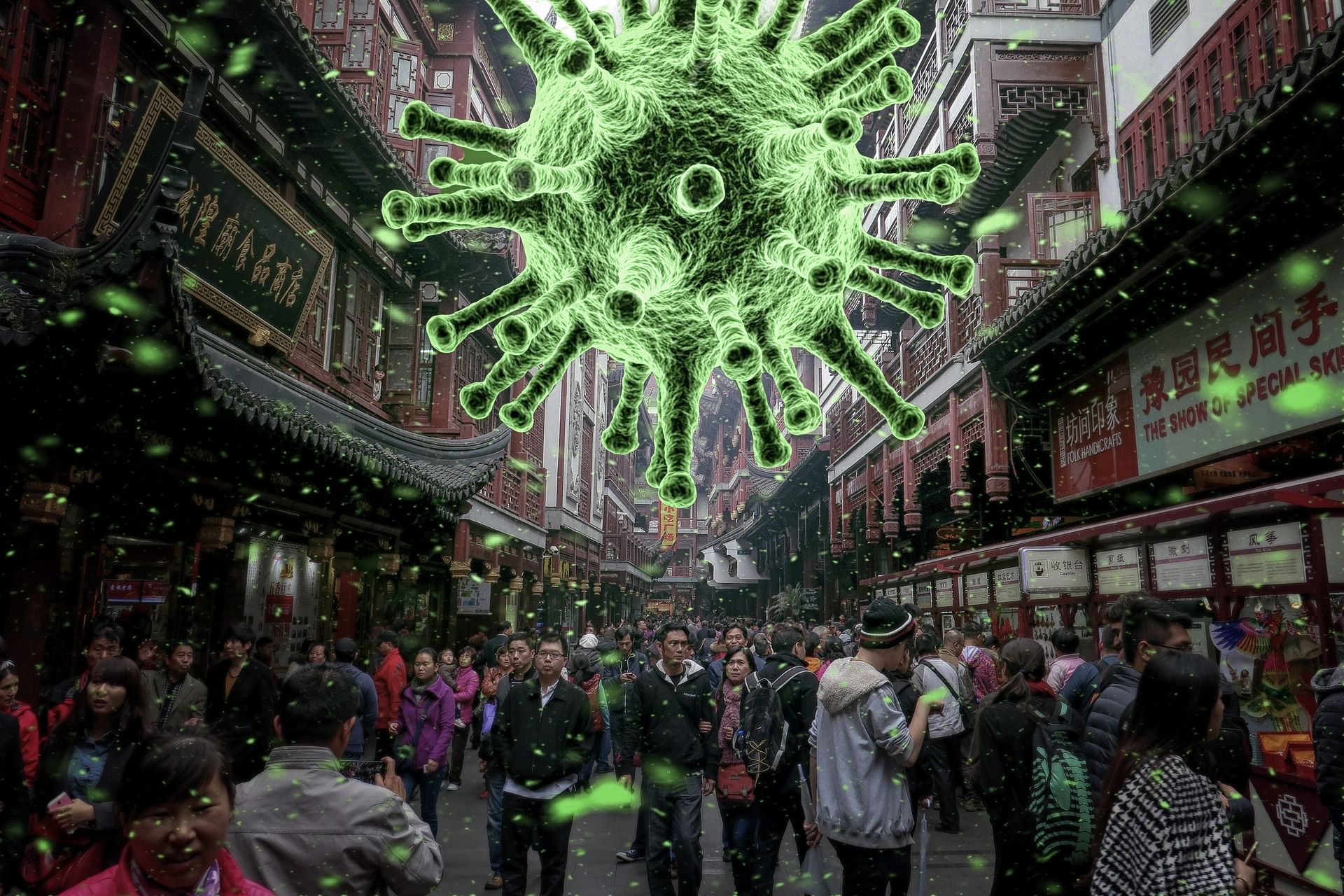 Microbes agrandis au-dessus d’une rue très fréquentée