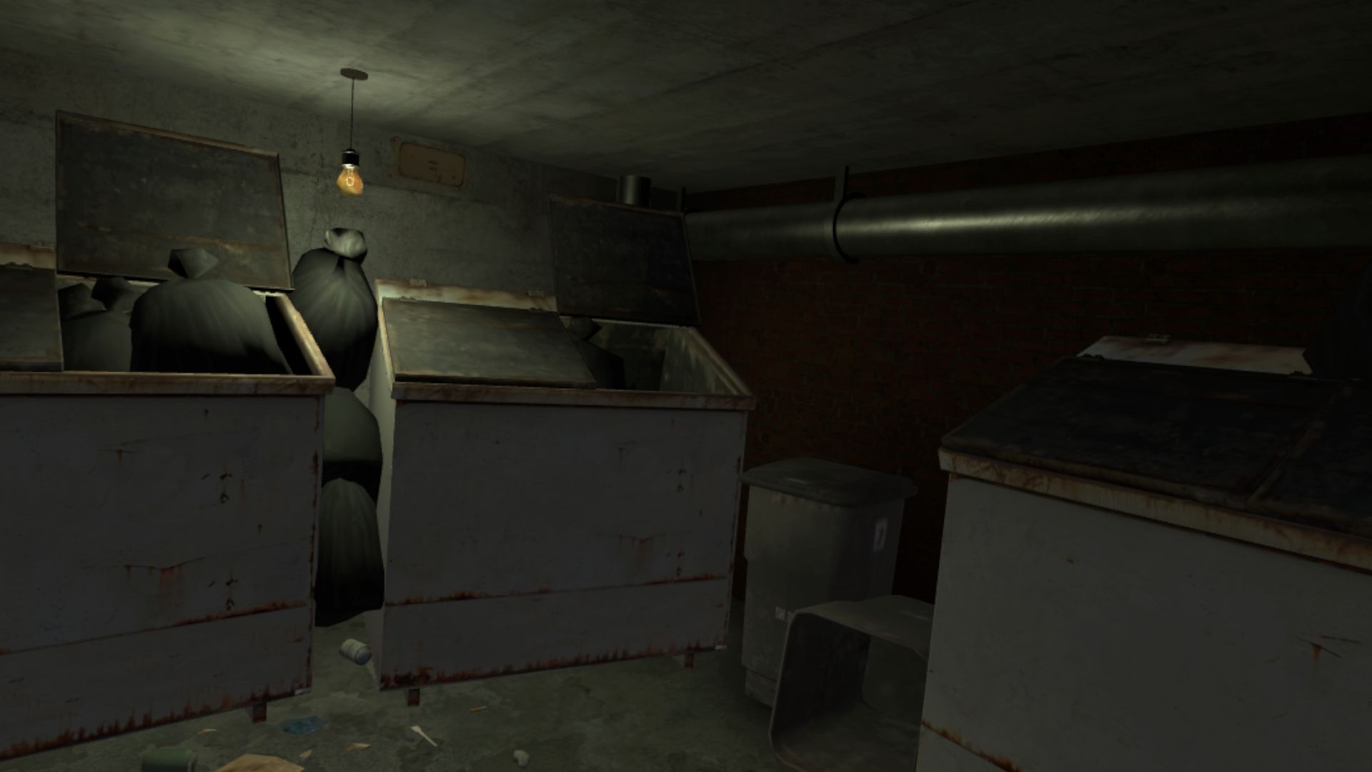 Dirty garbage containers and trash bags in a dark room in a virtual simulation