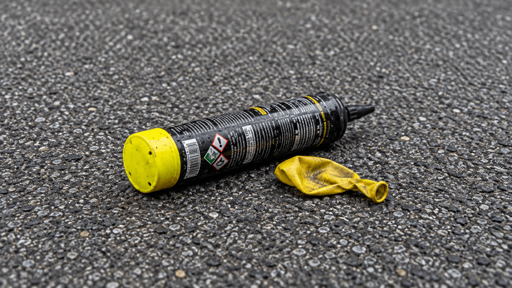 Bouteille de protoxyde d’azote et ballon jaune dégonflé sur le bitume