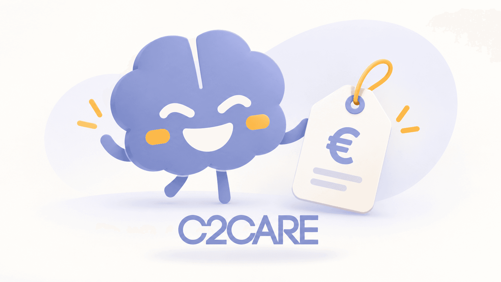 Mascotte souriante de C2Care tenant une étiquette avec le symbole euro