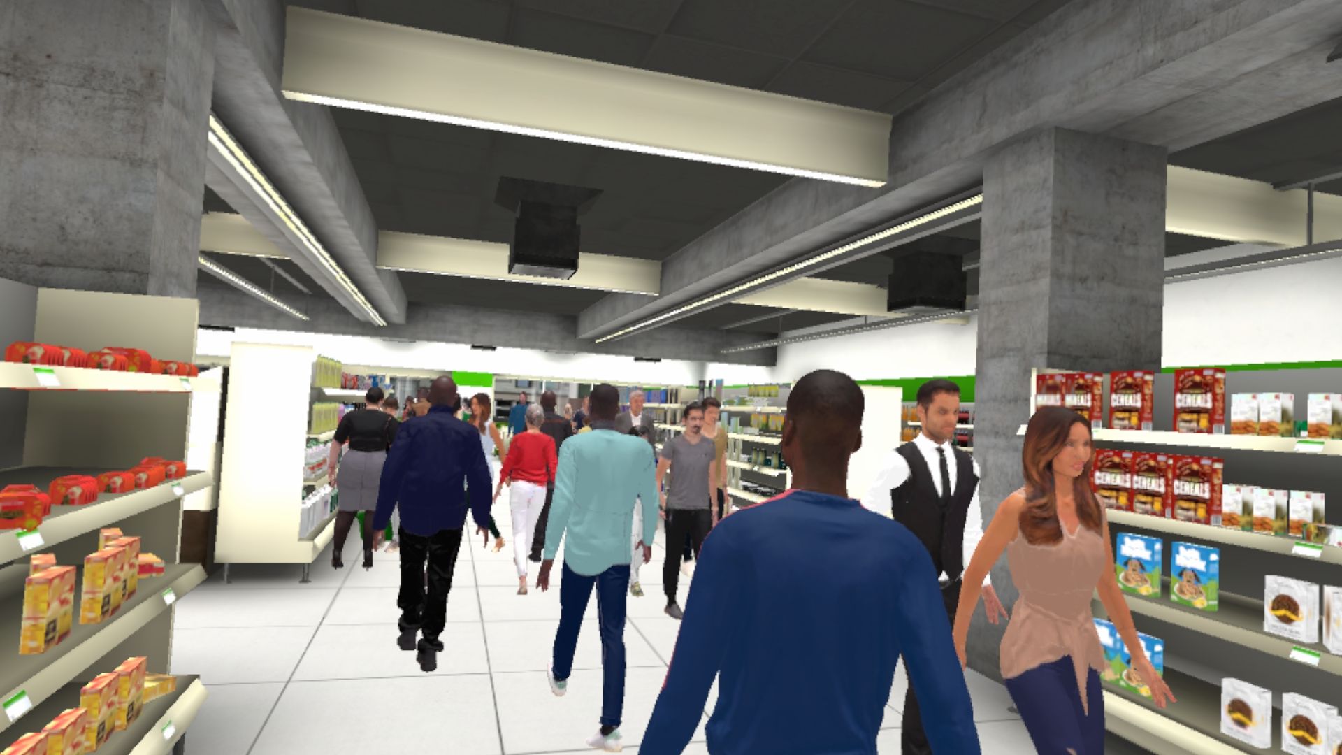 Supermercado muy concurrido en una simulación virtual