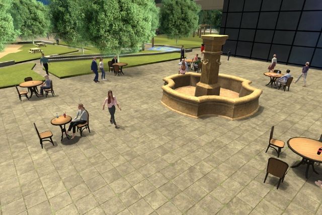 Plaza tranquila con una fuente y terrazas
