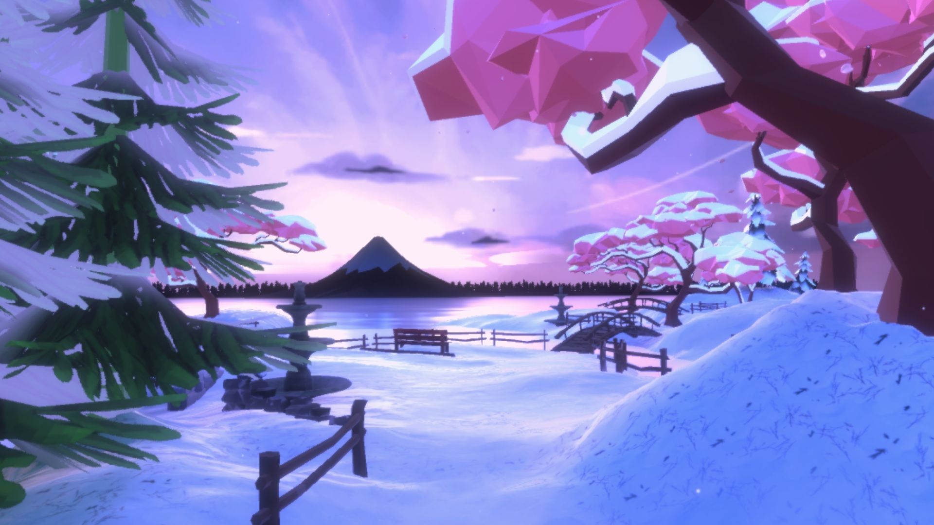 Paysage hivernal paisible aux arbres roses et au mont Fuji