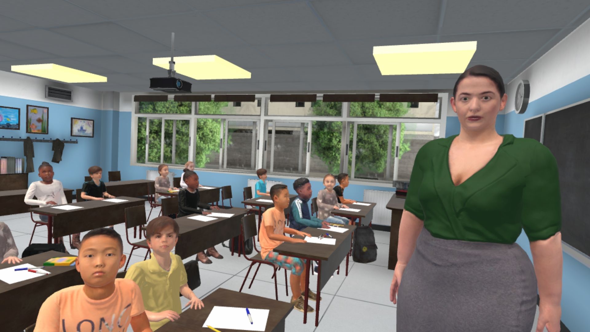 Enseignante debout devant une classe pleine