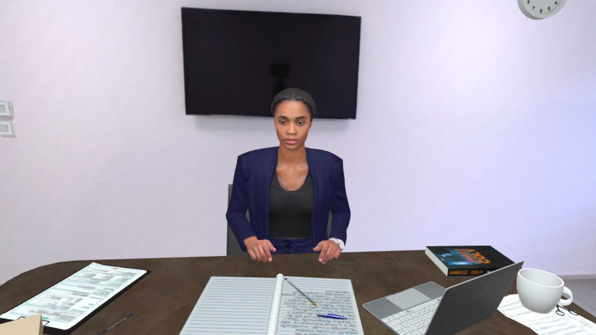 Interlocutrice assise face à l’utilisateur dans une simulation virtuelle