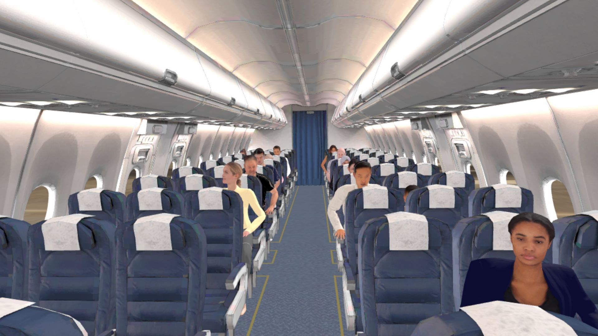 Pasajeros sentados en una cabina de avión antes de la salida