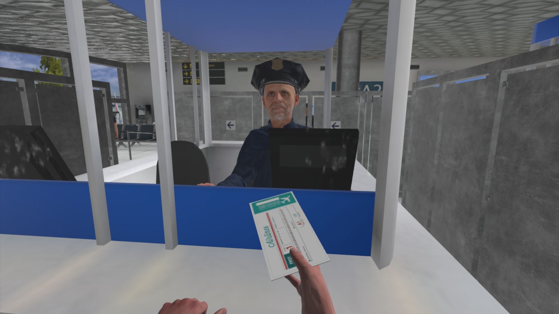 Passagier zeigt einem Flughafenmitarbeiter ein Dokument