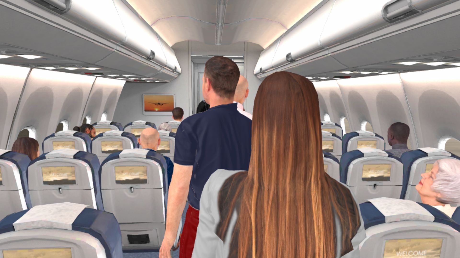 Passagiere stehen nach dem Flug im Gang eines Flugzeugs