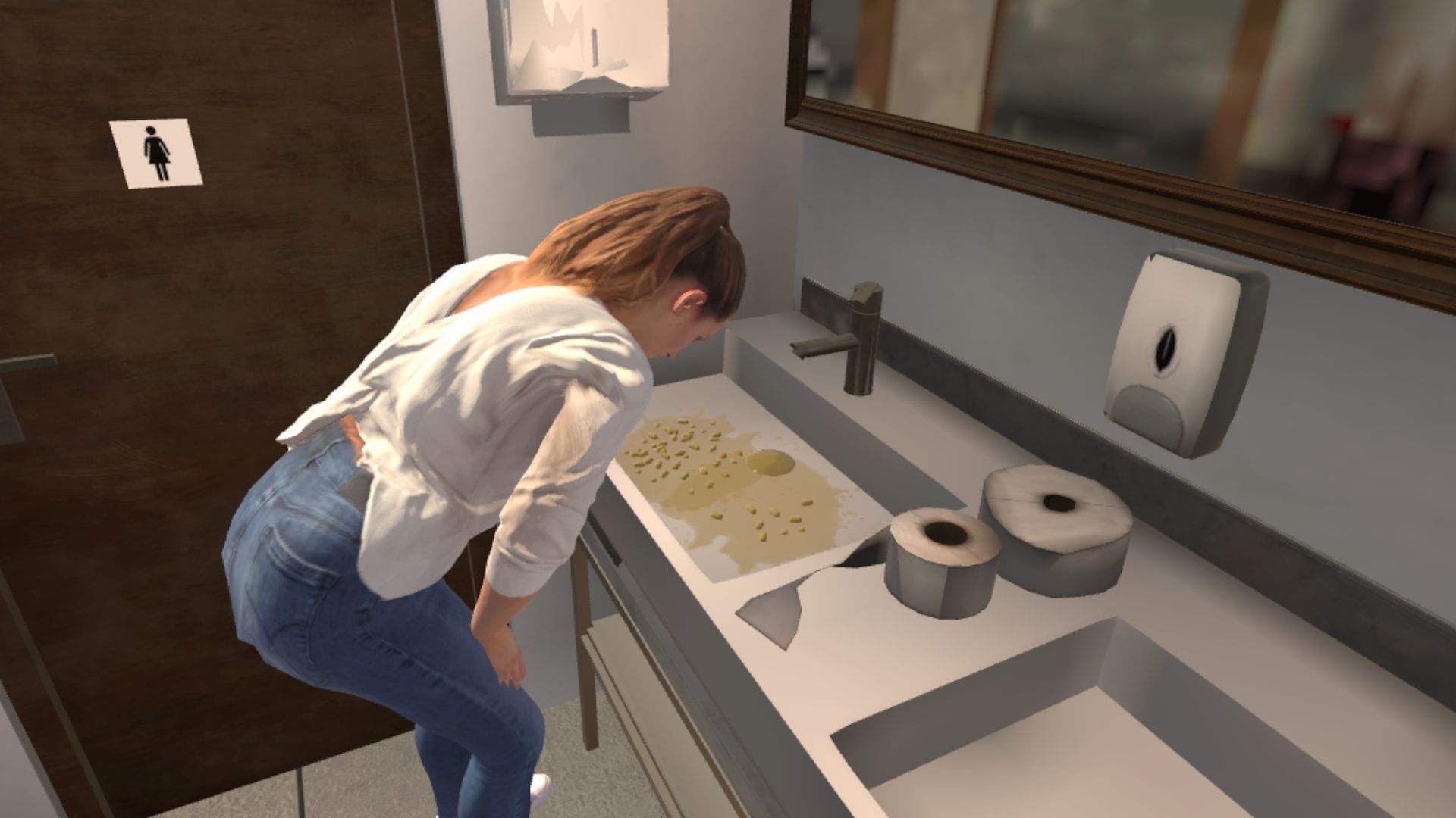 Personne prise de nausée au-dessus d’un lavabo de restaurant