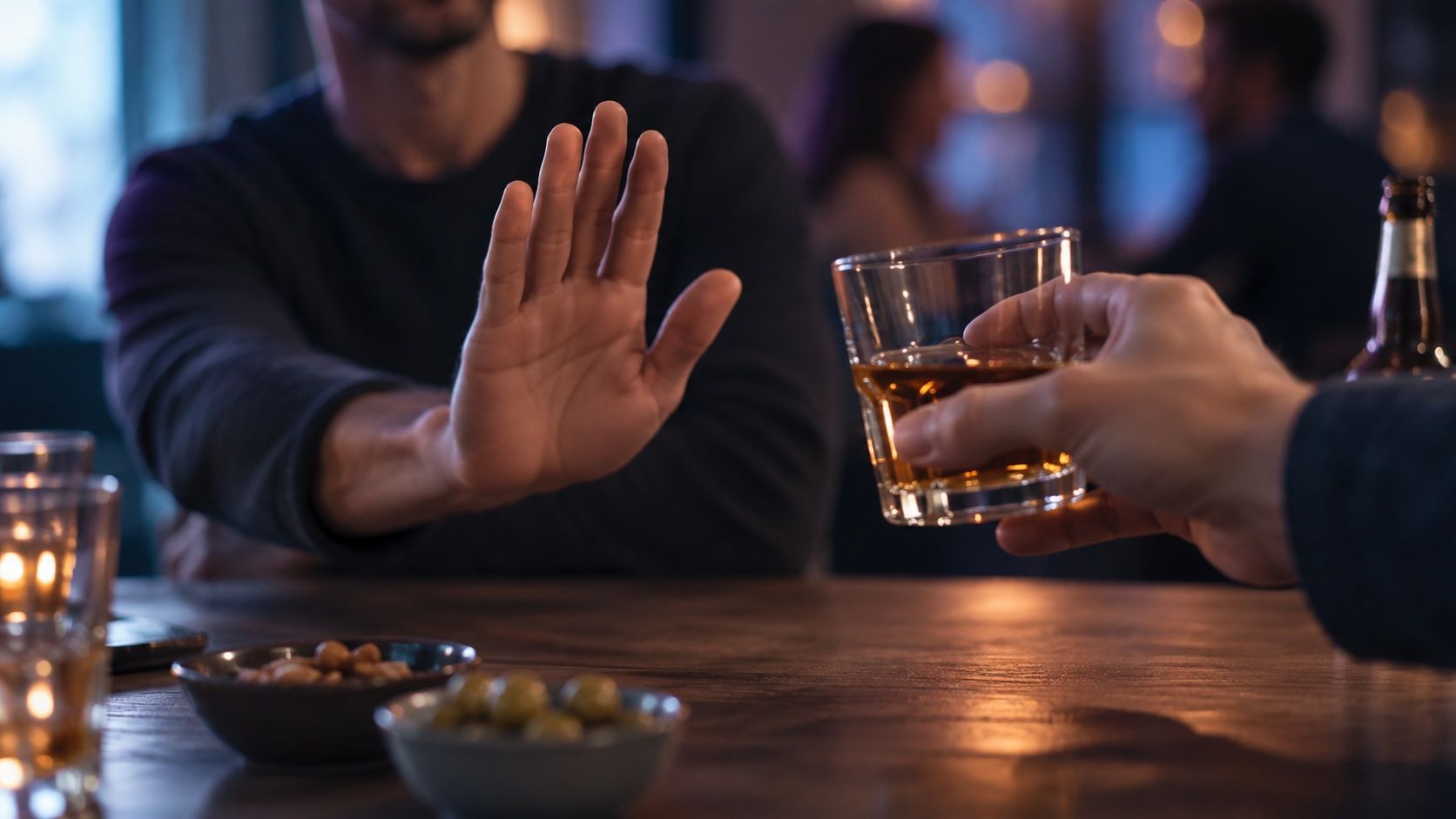 Une personne refuse un verre d’alcool dans un bar