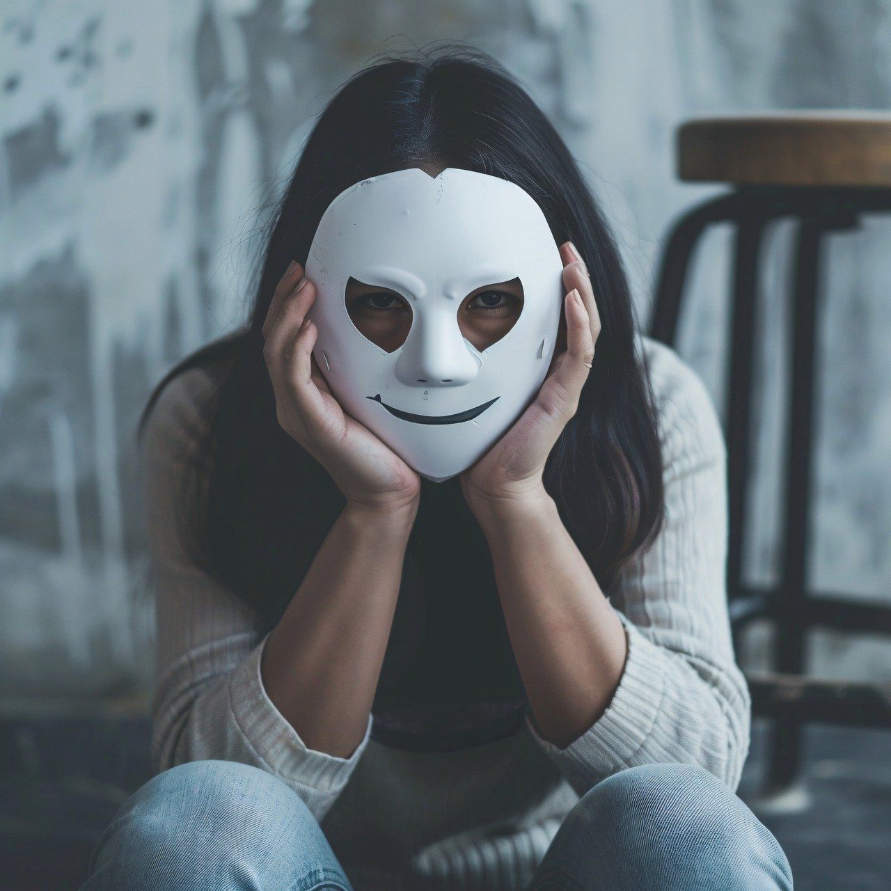 Una joven sostiene una máscara blanca delante del rostro