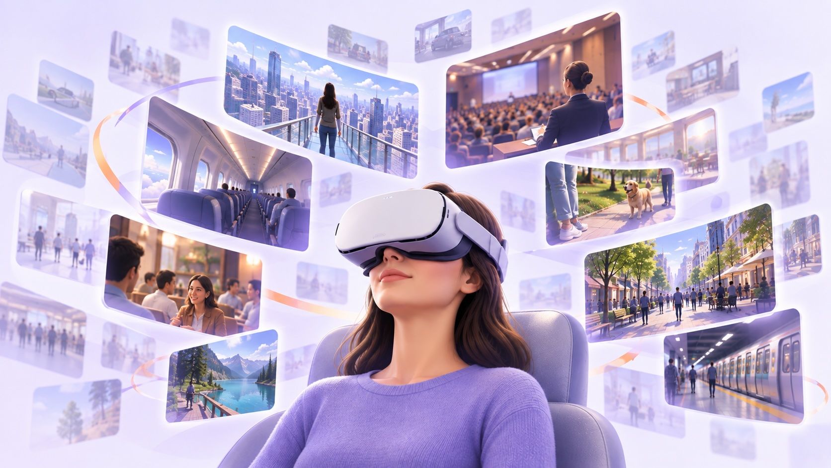 Illustration d’une femme portant un casque de réalité virtuelle, entourée de scènes du quotidien et de paysages