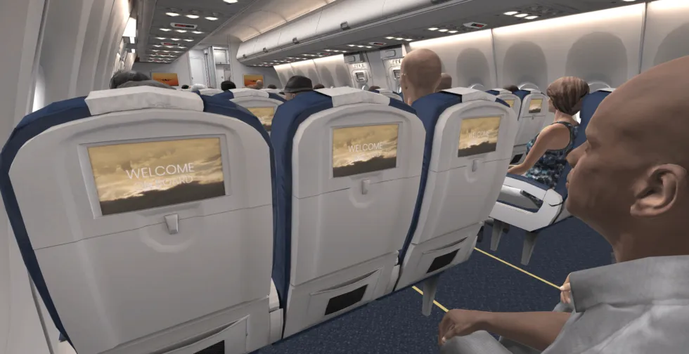 Passagiere sitzen in einer virtuellen Flugzeugkabine
