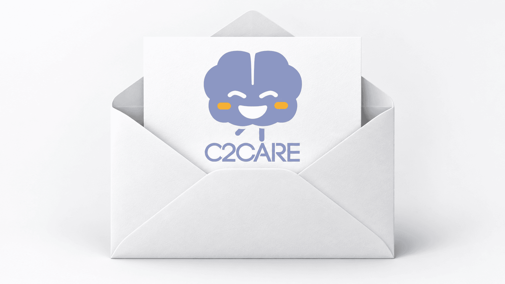 Sobre abierto con una tarjeta con el logotipo de C2Care