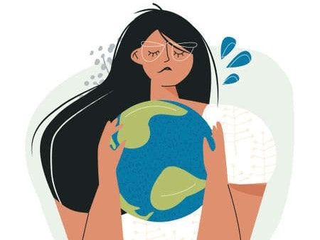 Ilustración de una mujer ansiosa abrazando el planeta